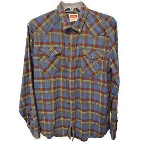 Wrangler Shirt Mens Large Blue Red Green Plaid Flannel‎ Western Button Front